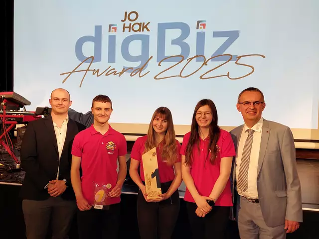 Siegerehrung Platz 1: Betreuungslehrer Stefan Liemberger, Daniel Roßnagl, Sandra Fröhlich, Lena Litschauer und Direktor Rudolf Mayer (v.l.) | Foto: HAK Waidhofen/Thaya