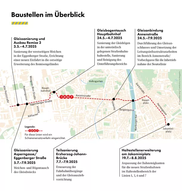 Die sommerlichen Baumaßnahmen auf der Öffi-Strecke zwischen Alte Poststraße und Jakominiplatz im Detail | Foto: Holding Graz