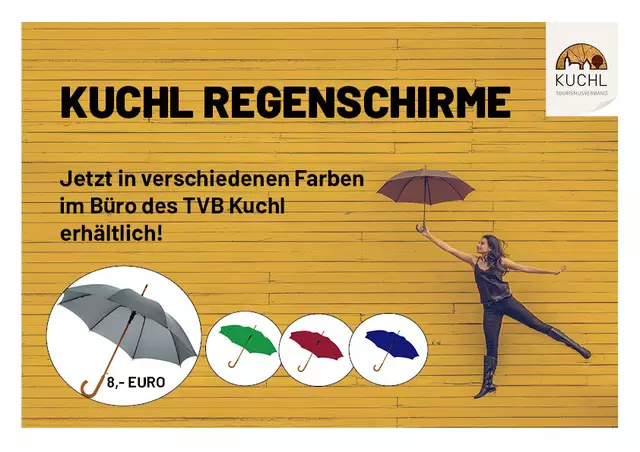 Der Kuchl Regenschirm ist ab sofort im Büro des TVB Kuchl in 4 Farben um nur 8,- Euro erhältlich. | Foto: TVB Kuchl