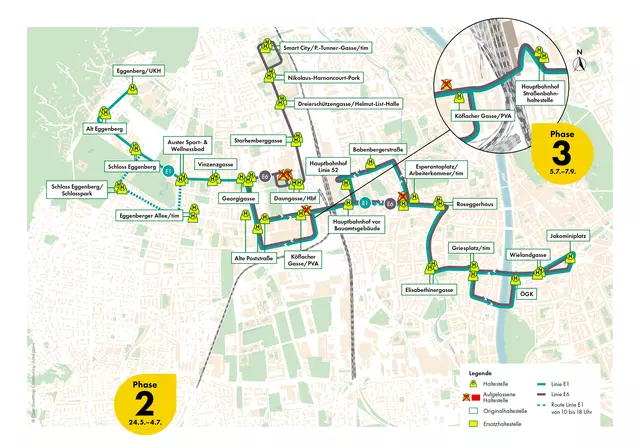 Baustellen und Öffi-Streckenführung während der zweiten und dritten Bauphase zwischen 24. Mai und 7. Sepember 2025 | Foto: Holding Graz