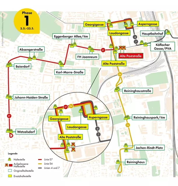 Baustellen und Öffi-Streckenführung während der ersten Bauphase zwischen 3. und 23. Mai 2025 | Foto: Holding Graz