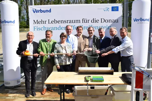 Bei der Eröffnung v.l.: Maximilian Titz (St.Andrä-Wördern), Karl Gravogl Landesfischerverband NÖ). Bezirkshauptfrau Waltraud Müllner-Toifl Korneuburg), LH-Stv. Stephan Pernkopf (Land Niederösterreich), GF Karl Heinz Gruber, VERBUND Hydro Power GmbH, Generalsekretär Josef Plank (BMNT), Helmut Laab (Stockerau), VD Günther Rabensteiner (VERBUND AG) und GF Michael Amerer (VERBUND Hydro Power GmbH). | Foto: Zeiler