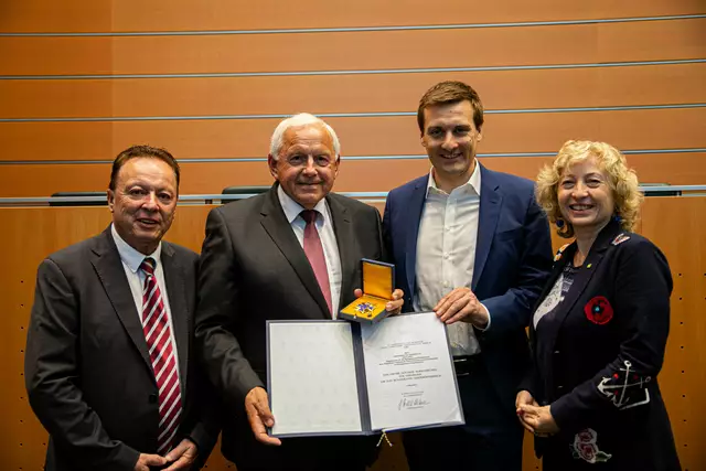 Nationalratsabgeordeneter und Bürgermeister a.D., Johann Hell, mit Klubobmann Hannes Weninger, Kontroll-Landesrat Sven Hergovich und Sozial-Landesrätin Eva Prischl (alle SPÖ) | Foto: SPÖ Niederösterreich