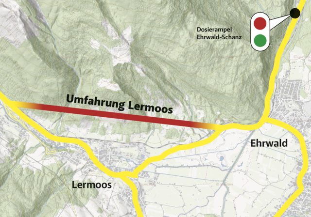 Eine vom Land Tirol bereitgestellte Übersicht zeigt, wo die Nordumfahrung von Lermoos verlaufen könnte. | Foto: Reichel