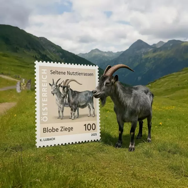 So hätte es aussehen können: Die Blobe Ziege trifft auf "ihre" Briefmarke. | Foto: Österreichische Post AG