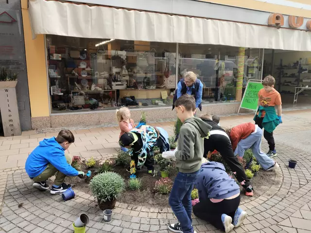 Kindern der 2a der Volksschule Berndorf bepflanzen Blumenrabatte. | Foto: Stadtgemeinde Berndorf