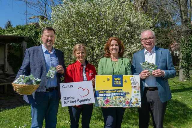 Bei der Übergabe der Blumensamen (v.l.) Hannes Ziselsberger (Direktor Caritas der Diözese St. Pölten), Annika Urbanitsch (Caritas St. Pölten), Christa Ruspeckhofer (eNu), LHStv Stephan Pernkopf (Initiator von Wir für Bienen)

 | Foto: eNu