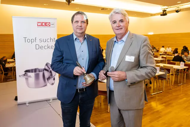 WKNÖ-Bezirksstellenobmann Mario Burger und Organisator Toni Ferk (Sales Teams & More) läuteten die Geschäftskontaktemesse der WKNÖ ein. | Foto: Andreas Kraus