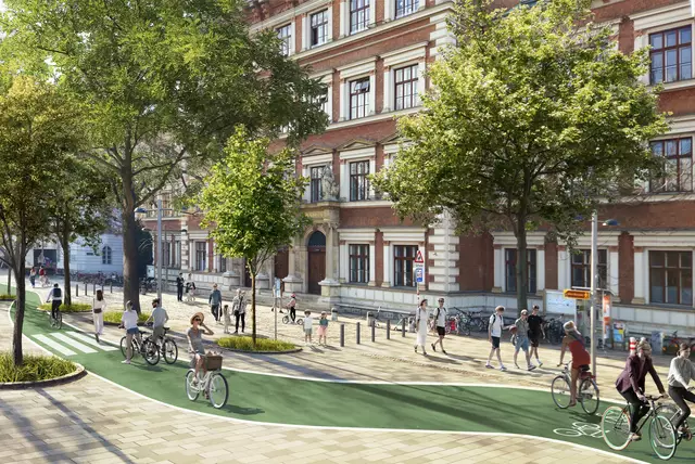 Vor der Evangelischen Schule am Karlsplatz kreuzen sich Kinder und Radfahrer. Das führt zu gefährlichen Unfällen. Ein Vorschlag der Grünen soll das beheben.(Rendering) | Foto: Grüne Wieden