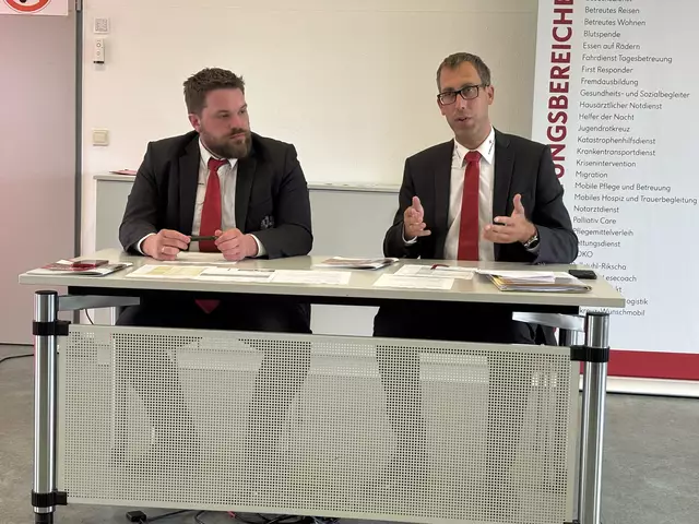 Rot-Kreuz-Bezirksgeschäftsleiter Florian Kurz und Florian Kolmhofer, Bezirksstellenleiter des Schärdinger Roten Kreuzes, präsentierte die Bilanz 2024. | Foto: Ebner/MeinBezirk