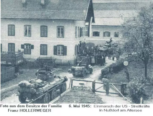 Panzer der US-Armee erreichen am 6. Mai 1945 Nußdorf am Attersee. | Foto: Sammlung Großpointer/Atterwiki