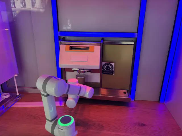 Der Robo-Greifarm führt den Kaffeebecher von Station zu Station. Durch eine Glasscheibe kann man ihm bei der Arbeit zusehen.  | Foto: Ipirotis/MeinBezirk