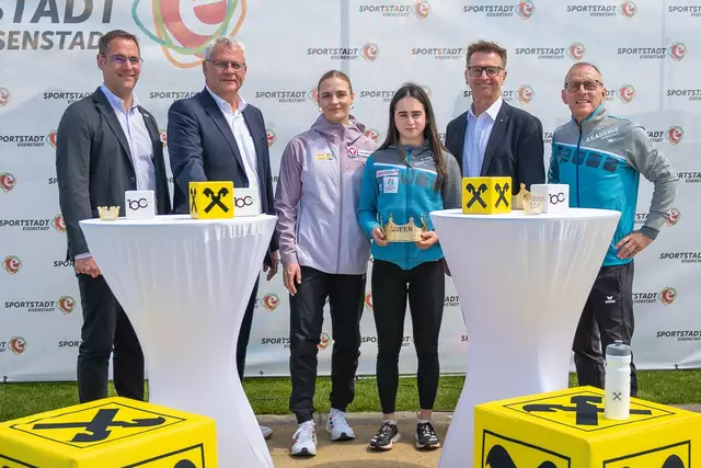 ÖLV-Generalsekretär Helmut Baudis, Bürgermeister Thomas Steiner, Sportlerin der Jahres Victoria Hudson, Nachwuchsathletin Suri Stöhr, Raiffeisen-Vorstandsdirektor Rudolf Suttner und BLV-Präsident und Organisator Rolf Meixner | Foto: Eisenstadt