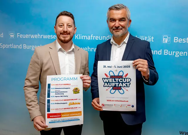 Daniel Gschwandtner, Referatsleiter Grasski von Ski Austria Burgenland, und Sportlandesrat Heinrich Dorner laden zum Weltcup-Auftakt nach Rettenbach ein. | Foto: Landesmedienservice