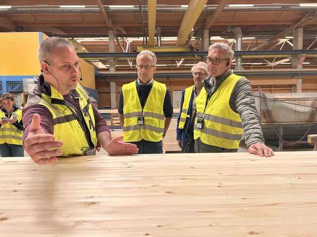 Hellinger (li.) erklärt vor Ort Keilzinkung und Leimbinder – im Bild mit Kammerdirektor Dietachmair (Mitte) und Kammerpräsident Waldenberger (re.).  | Foto: MeinBezirk/Auer