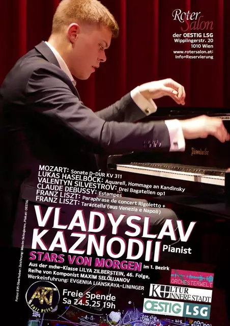 Ukrainischer Pianist, der stilistisch breit aufgestellt ist: VLADISLAV KAZNODII.  | Foto: © Malerei: Maxim Seloujanov, Foto: Elfi Oberhuber, Plakat: OESTIG 