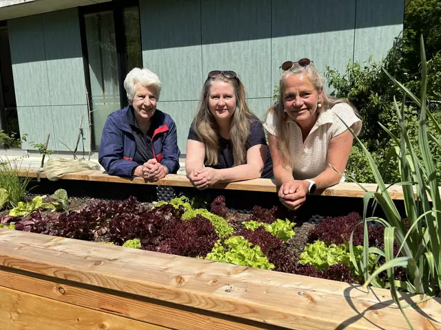 Sybille Wierer-Redjdal (Mitte) mit den beiden "Gärtnerinnen" Magdalena Weismann (links) und Brigitte May. Die beiden haben seit vielen Jahren ein Beet im Gemeinschaftsgarten.  | Foto: Lisa Gold