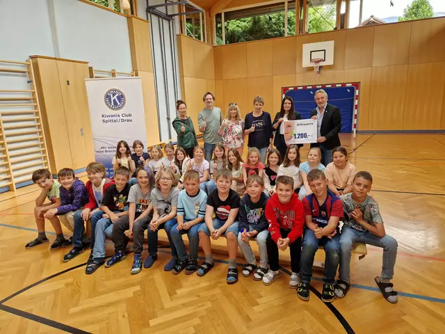 Hinten stehend v.l. Team theaterpädagogische Werkstatt, Klassenlehrerinnen Elke Derbuch und Christina Six, Schulleitung  Evelyn Wernitznig-Steiner und Kiwanis Club Spittal Präsident Hubert Steindl
Schüler der 3. und 4. Klasse VS Lieserhofen | Foto: Privat