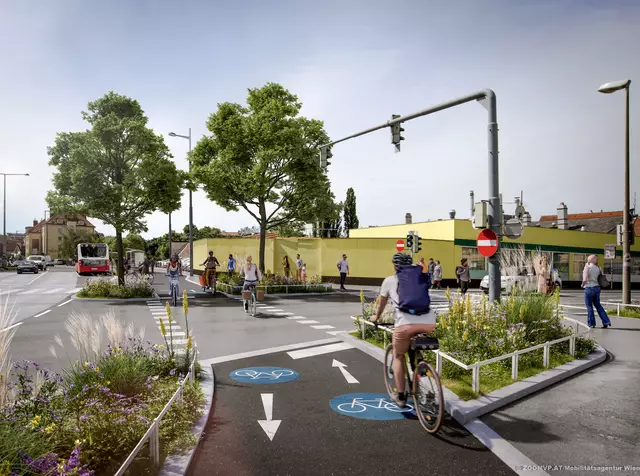 So soll der neue Radweg am Atzgersdorfer Platz aussehen.  | Foto: ZOOMVP/Mobilitätsagentur Wien