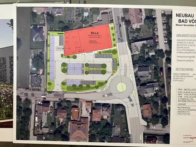 Der Billa-Verkaufsraum soll 1000 m2 groß werden, der Parkplatz wird begrünt und umfasst 72 Pkw-Stellplätze (blau schraffiert). Die Einfahrt erfolgt über den Gerichtsweg. | Foto: Stockmann