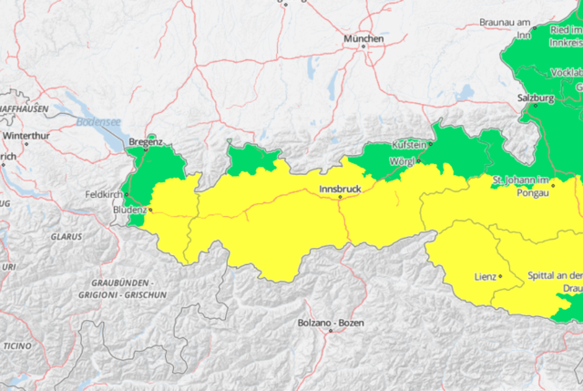 Warnstufe Gelb für große Teile Tirols | Foto: GeoSphere Austria