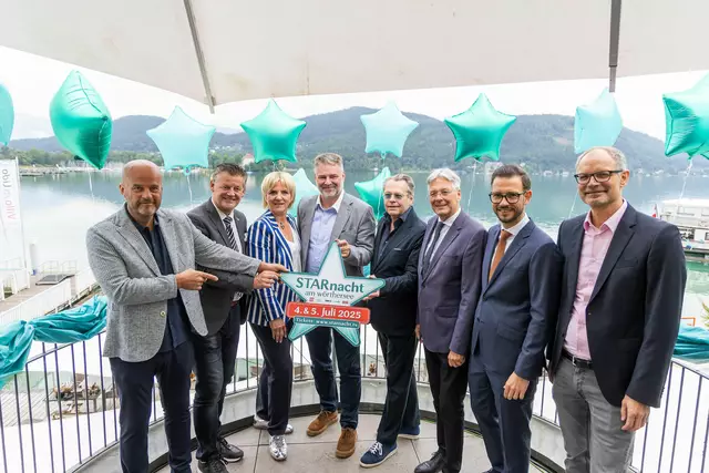 Martin Ramusch, Bgm Christian Scheider, ORF Landesintendantin Karin Bernhard, Adolf Kulterer, Martin Gastinger, LH Peter Kaiser, LR Sebastian Schuschnig und Klaus Ehrenbrandtner. | Foto: LPD Kärnten/Just