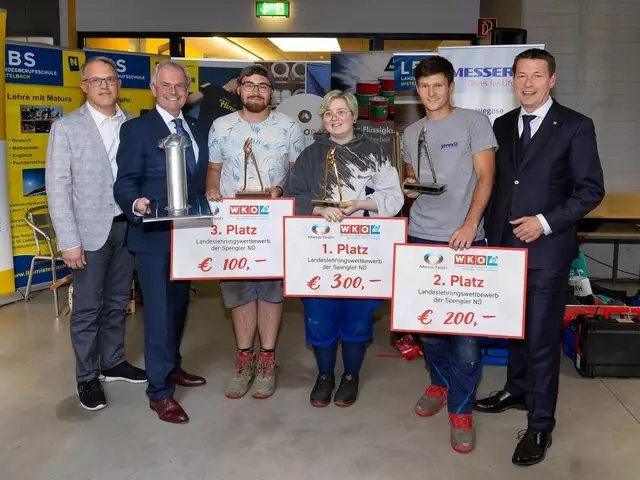 Siegerbild mit Gratulanten (v.l.): Gerald Böck (Schulleiter-Stv., LBS Mistelbach), LT-Präsident Karl Wilfing (VP), Oliver Kloimüller (Bronze), Siegerin Marissa Mühl, Simon Sauberer (Silber) und WKNÖ-Vizepräsident Kurt Hackl | Foto: Josef Schimmer