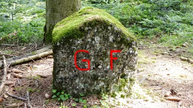 Österr.-bayr. Grenzstein an der ehemaligen Staatsgrenze. Eingravierte Initialen für Grafschaft Frankenburg mit Farbe nachgezogen.