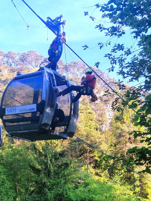 Foto: Georg Stampfer: Gesetzlich vorgeschriebene Bergeübung auf der Muttersberg Seilbahn erfolgreich abgeschlossen.