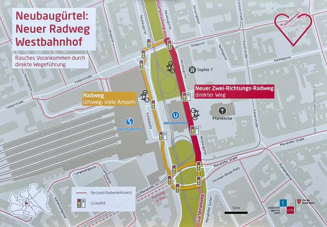 Die neue, direkte Verbindung zwischen Stollgasse und Mariahilfer Straße, soll Radfahrerinnen und Radfahrern einen mühsamen Umweg und viele Ampeln ersparen. | Foto: Stadt Wien, Sarah Marie Piskur