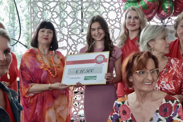 Bei der Scheckübergabe durch Eva Märzendorfer-Chen, Präsidentin des SI Clubs Graz Rubin, an Projektpartnerin Julia Prettenhofer; Kristin Orthacker, Edith Hornig, Claudia Pongratz (v. l.) | Foto:  SI Club Graz Rubin/Alili