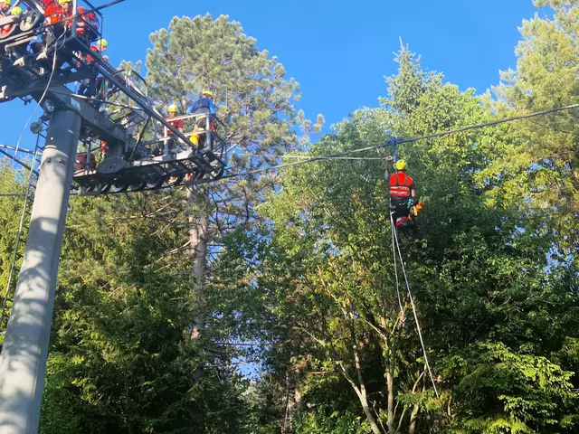 Foto: Georg Stampfer: Gesetzlich vorgeschriebene Bergeübung auf der Muttersberg Seilbahn erfolgreich abgeschlossen.