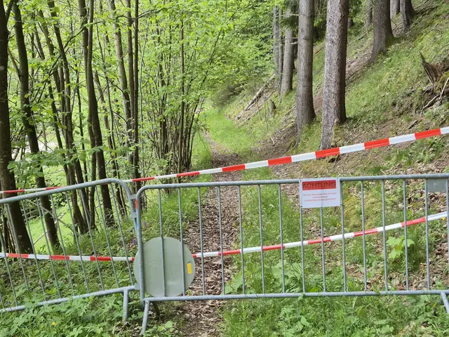 Da ist eindeutig der Weg weiter gesperrt,
links führt aber ein Pfad hinunter zur Straße