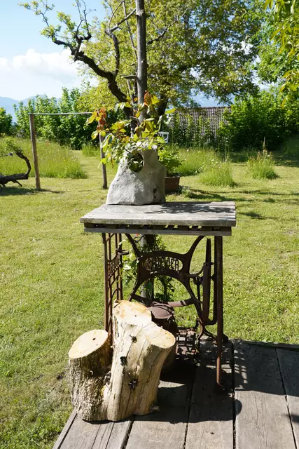 Dieser Stein aus dem Karst fand auf einem alten Nähtisch ein Zuhause, Rosen schlängeln sich jetzt durch seine Öffnungen.