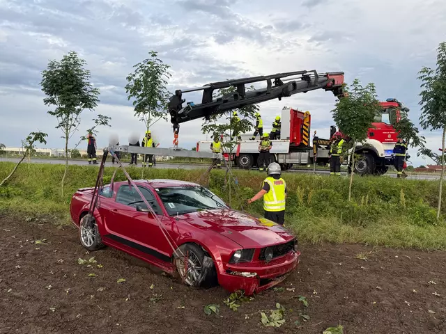 Ein "wilder Ritt" ins angrenzende Feld endete für den Ford Mustang am Kranhaken der Feuerwehr. | Foto: FF Schwechat