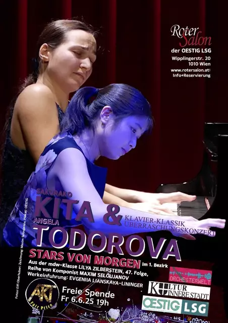 ie Pianistinnen ANGELA TODOROVA und SAKURAKO KITA spielen ein Überraschungskonzert.  | Foto: © Malerei: Maxim Seloujanov, Foto: Elfi Oberhuber, Plakat: OESTIG 