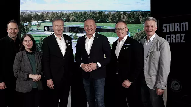 Zeigten sich vor kurzem auf einer Linie (v.l.): Sturms Geschäftsführer Wirtschaft Thomas Tebbich, Bürgermeisterin Elke Kahr, Sturm-Präsident Christian Jauk, Landeshauptmann Mario Kunasek, Sturm-Vizepräsident Peter Schaller und Finanzstadtrat Manfred Eber. | Foto: GEPA