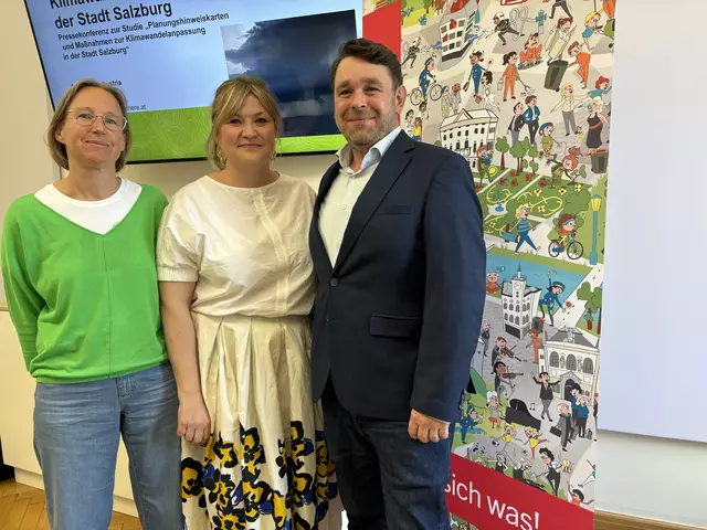 Das Stadtklima wurde systematisch untersucht: Meteorologin GeoSphere Austria Claudia Riedl, Planungsstadträtin Anna Schiester und Senior Scientist an der BOKU University Florian Reinwald präsentierten die Ergebnisse.  | Foto: Lisa Gold
