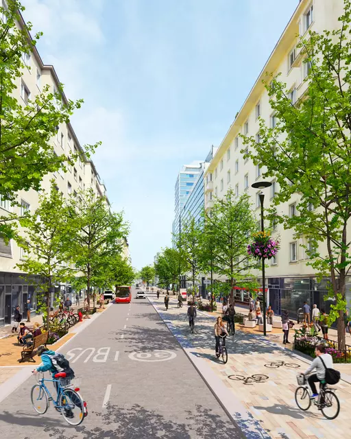 Ein Rendering der Grünen Wieden der Operngasse: Die Straße soll zum Verweilgebiet werden. | Foto: Daghan Dizdaroglu
