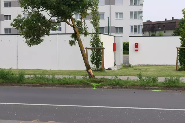 Roter Suzuki kracht nach Crash mit einem anderen Pkw auf der Oberfeldstraße in Wels-Vogelweide gegen einen Baum. | Foto: laumat.at