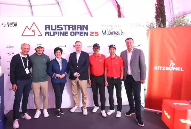 Leo Bauernberger - Geschäftsführer SalzburgerLand GmbH, Maximilian Steinlechner - Tiroler Profi-Golfer, Karin Seiler - Geschäftsführerin der Tirol Werbung, Ben Cowen - CEO DP World Tour, Guido Hinterseer - Golfplatz-Manager Golfplatz Kitzbühel-Schwarzsee-Reith,  Andreas Dagn - Vorstand Kitzbühel Tourismus und Edwin Weindorfer - CEO von Golf Enterprises und Veranstalter Austrian Alpine Open. | Foto: GEPA Pictures