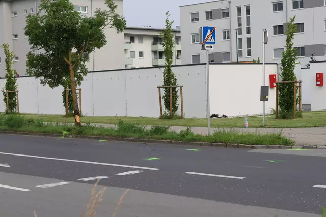 Roter Suzuki kracht nach Crash mit einem anderen Pkw auf der Oberfeldstraße in Wels-Vogelweide gegen einen Baum. | Foto: laumat.at