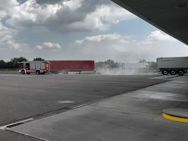 Ein mit Holz beladener Sattelaufleger geriet in Brand – unmittelbar vor einer Tankstelle. | Foto: Thomas Lenger, Monatsrevue