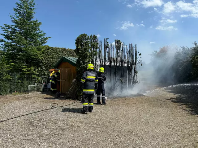 Atemschutzträger sichern gefährliche Gegenstände aus der Gartenhütte. | Foto: BFKDO Hollabrunn
