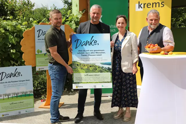 Obmann Franz Stöger (Bezirksbauernkammer Krems), Bürgermeister Peter Molnar, Stadträtin Bernadette Laister und Stadtrat Martin Sedelmaier (Stadt Krems) präsentieren die Kampagne „8 x Achtsamkeit in unserer Kulturlandschaft" am Obsthof Sedelmaier in Krems-Thallern - von links. | Foto: Stadt Krems
