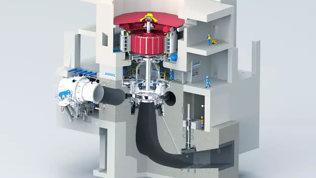 3D-Darstellung eines Pumpturbinen-Maschinensatzes mit Motorgenerator, Pumpturbine und Einlassventil.
 | Foto: Andritz