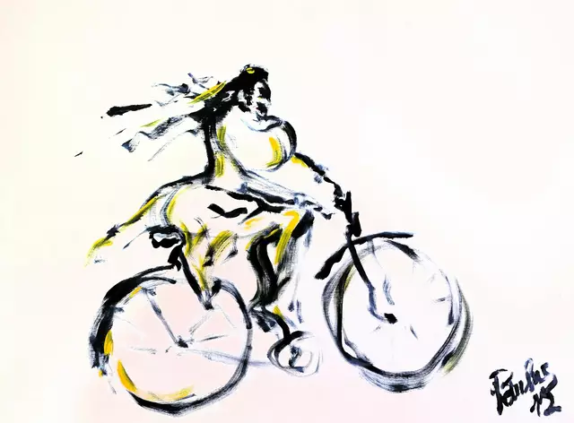 Künstler: Mundmaler Paulus Ploier (www.paulus-art.at), Titel vom Kunstwerk: "Flotte Radlerin" (2012), Technik: Mundmalerei Acryl auf Leinen, Größe: 80 cm x 60 cm. | Foto: www.paulus-art.at