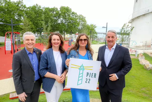v. l.: Vorsitzender des SPÖ-Klubs Josef Taucher, Neos-Klubobfrau Selma Arapović, Planungsstadträtin Ulli Sima, Donaustädter Bezirksvorsteher Ernst Nevrivy (beide SPÖ) bei der Eröffnung vom zweiten Teil des Pier 22. | Foto: Stadt Wien/Christian Fürthner