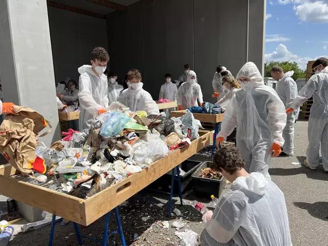 40 Schülerinnen und Schüler stellten sich gut ausgerüstet mit Schutzanzügen und Masken jeder Herausforderung, die eine Restmülltonne beinhaltet – von madenbefallenen Lebensmitteln bis zu Pfandgebinden, auf deren Einlösung die Bewohnerinnen und Bewohner anscheinend keinen Wert legten | Foto: GV  Krems