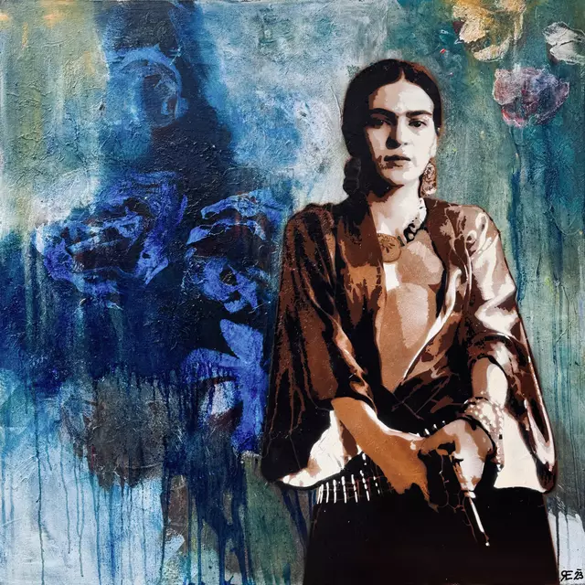 Künstlerin Elisabeth Ramsauer, Titel vom Kunstwerk: "Love Story" (2025), Technik: Mischtechnik (Ölfarbe, Beize, Acryl und Spray, Größe: 100 cm x 100 cm | Foto: Elisabeth Ramsauer